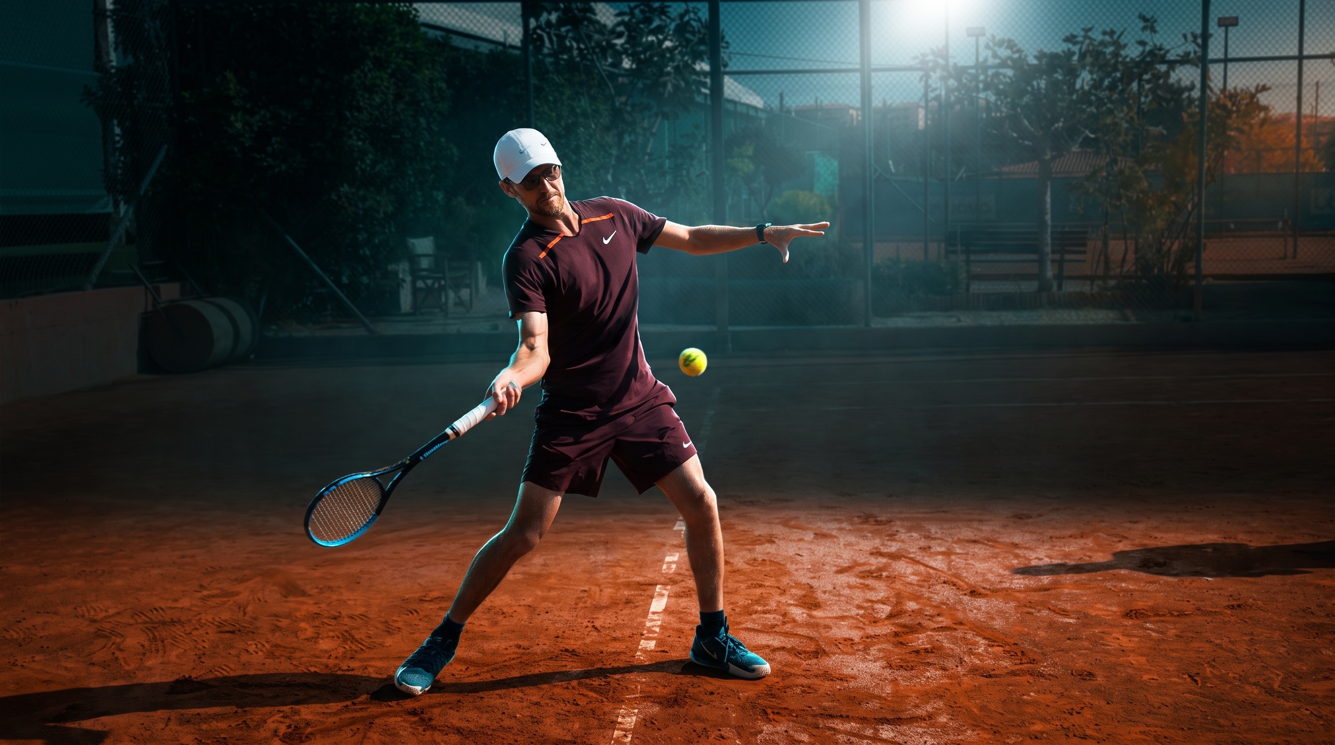 Ο προπονητής Αλέξης σε forehand πάνω σε χωμάτινο γήπεδο